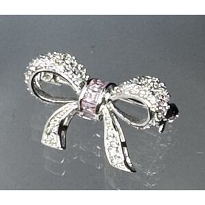 FAS 925 Sterling Silver CZ Bow Ribbon Brooch Pin‎ Pavé Baguette 1" Gift